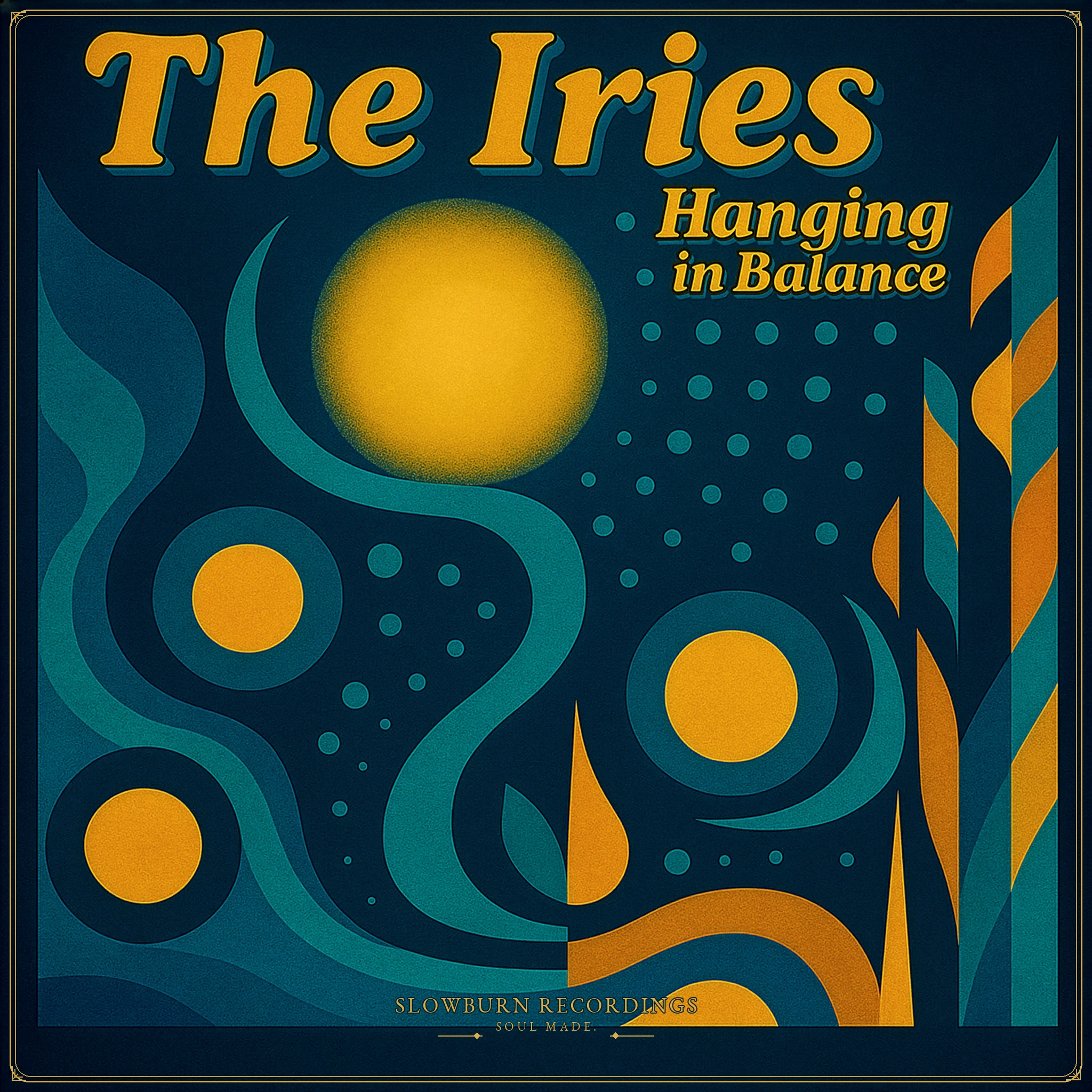 Hanging In Balance cover art showing The Iries title above a teal-and-gold abstract landscape with suns, circles, leaves, and a gold border.